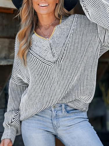 Image of CUPSHE Womens Sweaters Oversized Sweater Loose Fit Long Sleeve Sweater V Neck Striped Pullover Sweater Tops