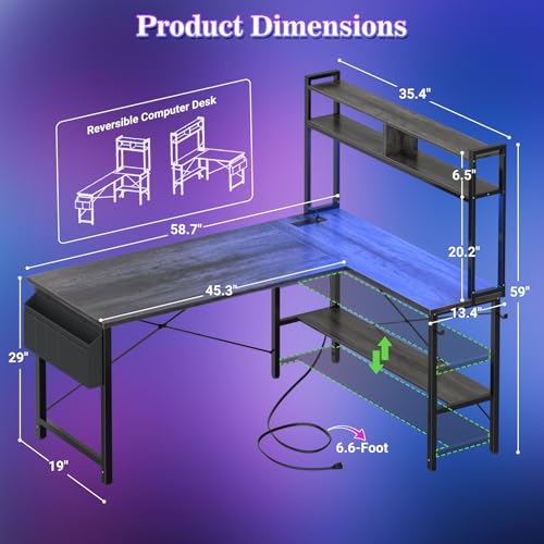 Image of Aheaplus L Shaped Desk Gaming Desk, 59 inch L Shaped Computer Desk with LED Light & Power Outlet, Reversible Home Office Desk Gamer Desks with Shelves & Storage Bag & Hooks, Corner PC Desk, Black Oak