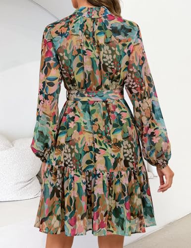 ZESICA Womens Fall Floral Mini Dress 2025 Long Sleeve Button Down Chiffon A Line Flowy Short Shirt Dresses with Belt4