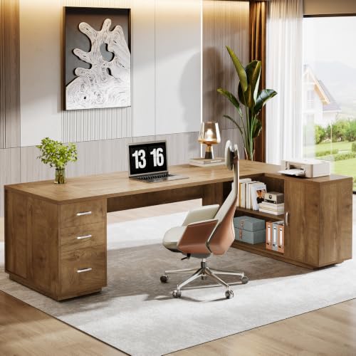 Image of Tribesigns 85.8-Inch L-Shaped Executive Office Desk with File Drawers & Storage Cabinet, Professional Corner Computer Desk Extra Large Business Workstation with Adjustable Shelves, Light Brown