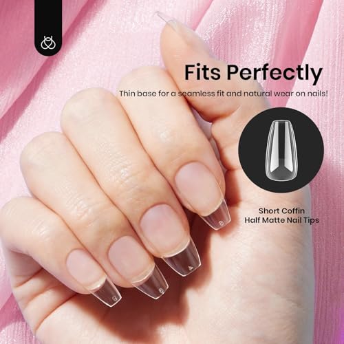 Image of Beetles Gel Nail Tips Short Coffin 576 PCS Half Matte Pre-Shape Fake Nails 12 Sizes Full Cover Acrylic False Nails Extension DIY Manicure Gifts for Women