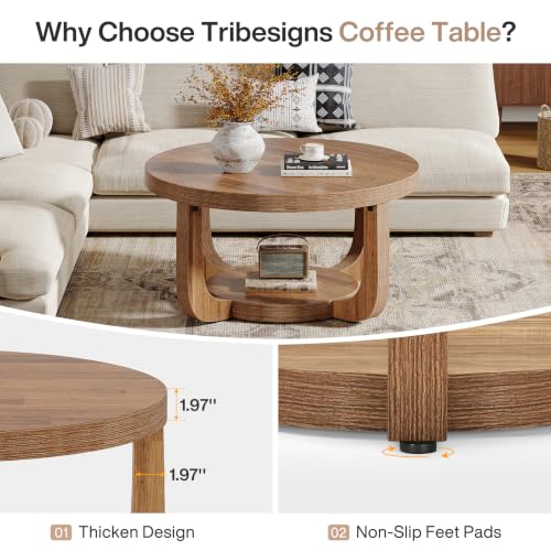 Image of Tribesigns Round Coffee Table, 2-Tier Circle Coffee Table with Storage, Modern Wooden Accent Center Table for Living Room, Thick Tabletop & Base (Rustic Brown)