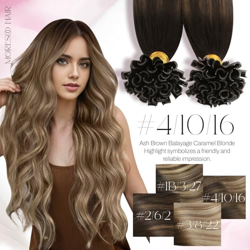 Image of Moresoo U Tip Human Hair Extensions, Brown Honey Blonde Balayage, 14 Inch | 40g 50 strands, keratin bonded tips for stylist installation, soft straight hair supports curling and straightening