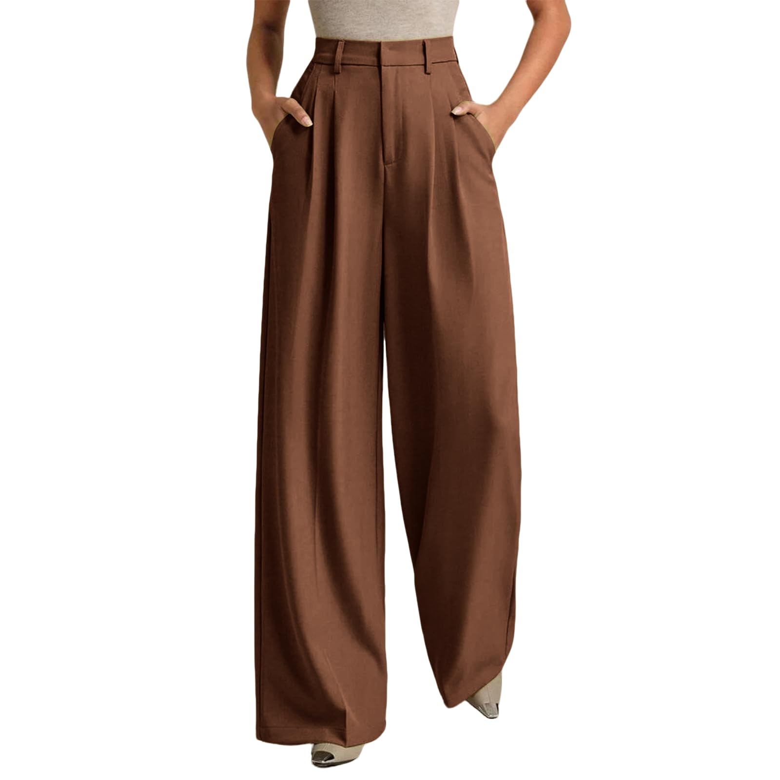 Wide Leg Dress Pants for Women Pull On Elastic High Waisted Trousers with Pockets Stretchy Comfy Work Pants