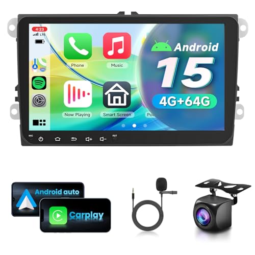 VECHTEL 4G+64G Android 15 Radio Coche para VW Golf 5 6 Passat Jetta Caddy EOS T5 Tiguan Touran CC Polo, 9'' HD Pantalla Táctil con Carplay Android Auto Inalámbrico GPS WiFi USB Bluetooth FM RDS Cámara