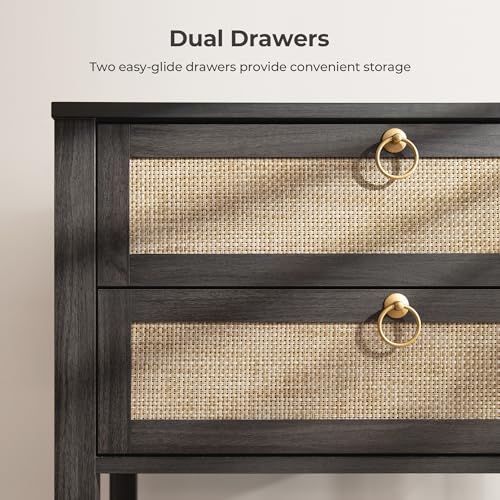 Image of SICOTAS Night Stands Set of 2 for Bedroom, Large Bedside Tables with Drawer & Open Shelf, Wide Boho Rattan Nightstand Set Narrow Side Table for Master Bedroom