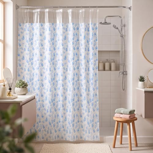 Image of Wakefit PEVA Plastic Printed Shower Curtain 7 Feet | 12 Free Hooks | No Smell, Toxin Free PEVA Plastic | Waterproof Bathroom Curtain | Curtain for Balcony | Height 7ft & Width 6ft | Drops Blue