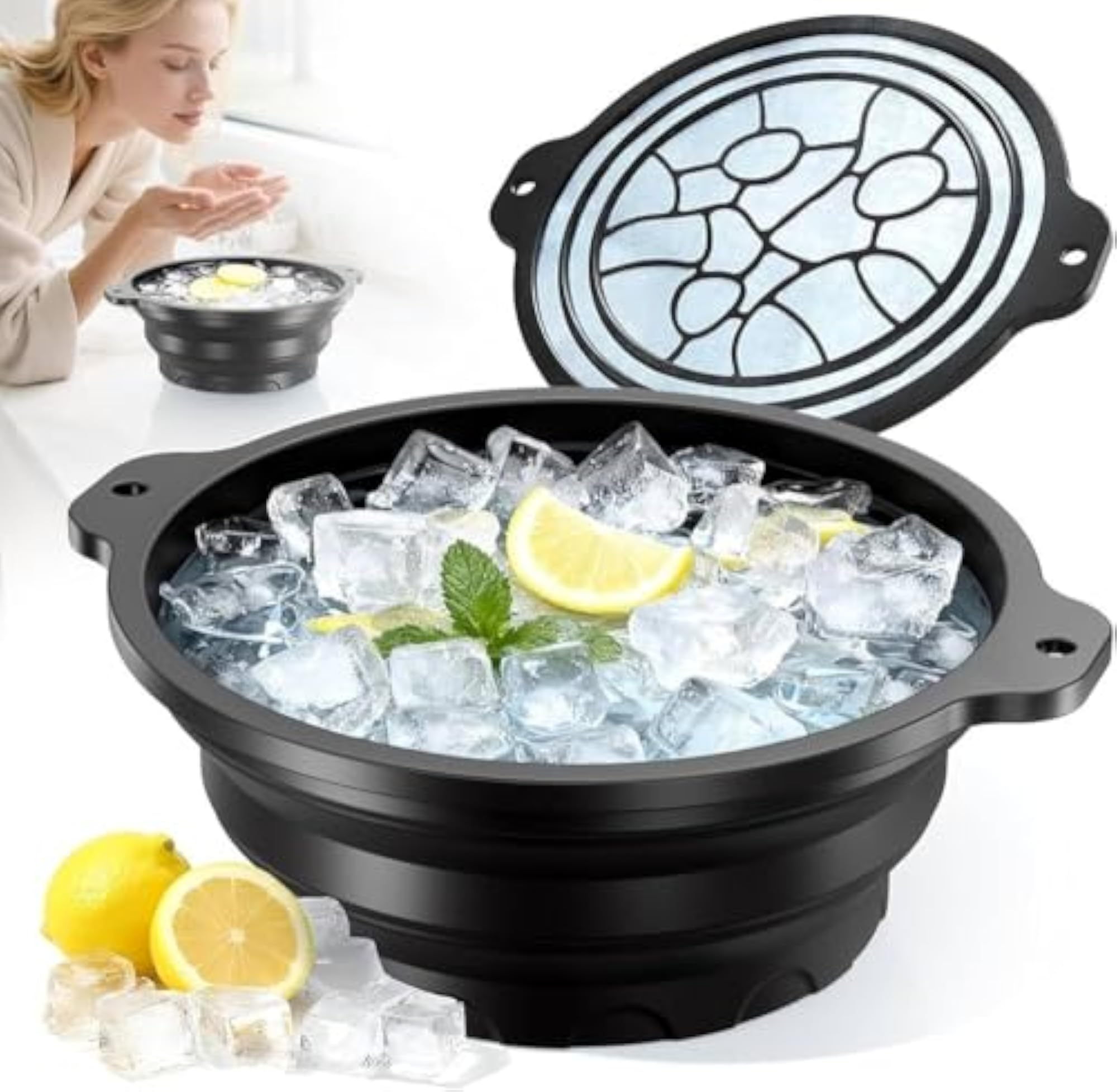 Silicone Collapsible Face Bowl with Built-in Ice Tray, Black