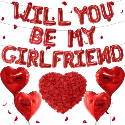 Will You Be My Girlfriend - 525 pcs Red Letter and Heart Shape Balloons 16inch Balloon Letters with 500pcs Artificial Rose Petals for Valentine Day Supplies