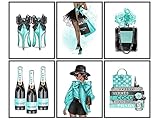 Tiffany Blue Glam Wall Decor - Black African American Wall Decor - Designer Perfume, Shoes, Handbags - High Fashion Design Gift - Luxury Couture Wall Art Poster Set for Women, Teens, Girls Bedroom