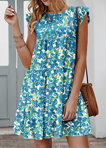 Image of KIRUNDO Summer Dresses for Women Sundress Sleeveless Ruffle Sleeve Round Neck Loose Short Flowy Pleated Mini Babydoll Dress