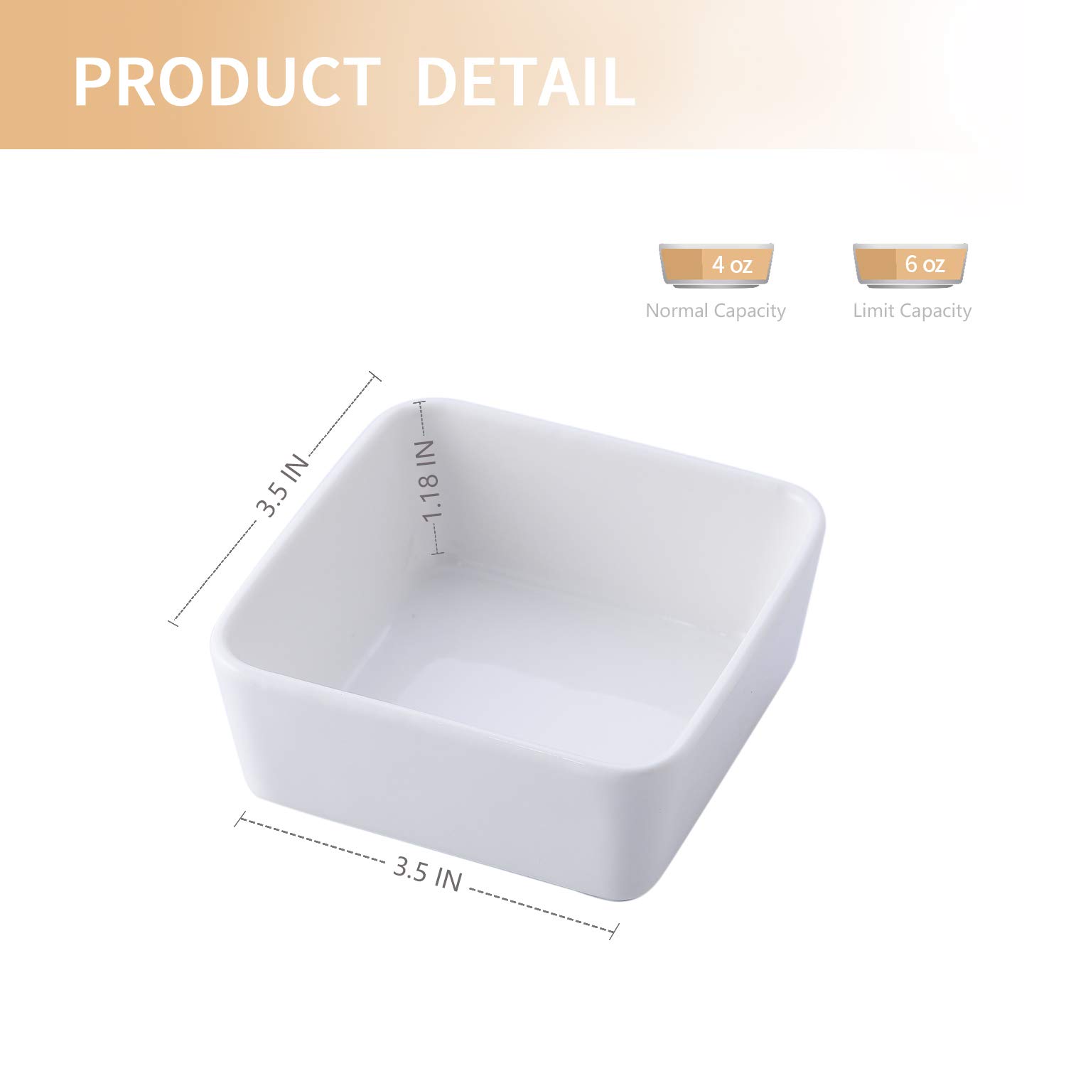 Lot de 10 ramequins carrés en porcelaine blanche de 170,1 g, 8,9 cm, mini bols à tremper, bols à dessert blancs pour pâtisserie, apéritif, sauce, soufflé, crème brûlée