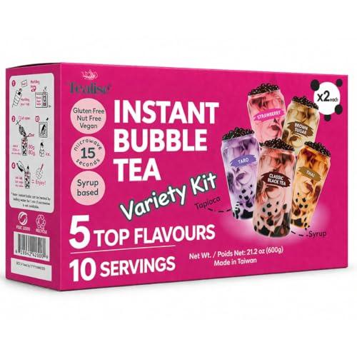 Tealise Instant Bubble Tea Kit (10 Servings) 5 Flavors Variety Pack, Ready in 30 Seconds, No Boiling, Syrup-Based Boba Kit with Chewy Tapioca Pearls, DIY Milk Tea at Home
