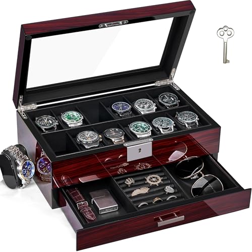 ANWBROAD Watch Box for Men with 12 Slots,2-Tier Wooden Watch Box with Drawer,Watch Case with Glass Lid,Key Lock,Storage Watch Display Case,Mens Jewellery Box Organiser,Red Wooden Piano Finish,JWB001Y