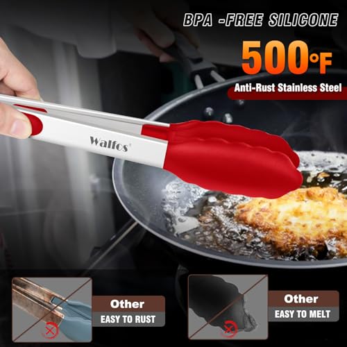 image for Walfos Silicone Tongs for Cooking - Heat Resistant kitchen tongs for S