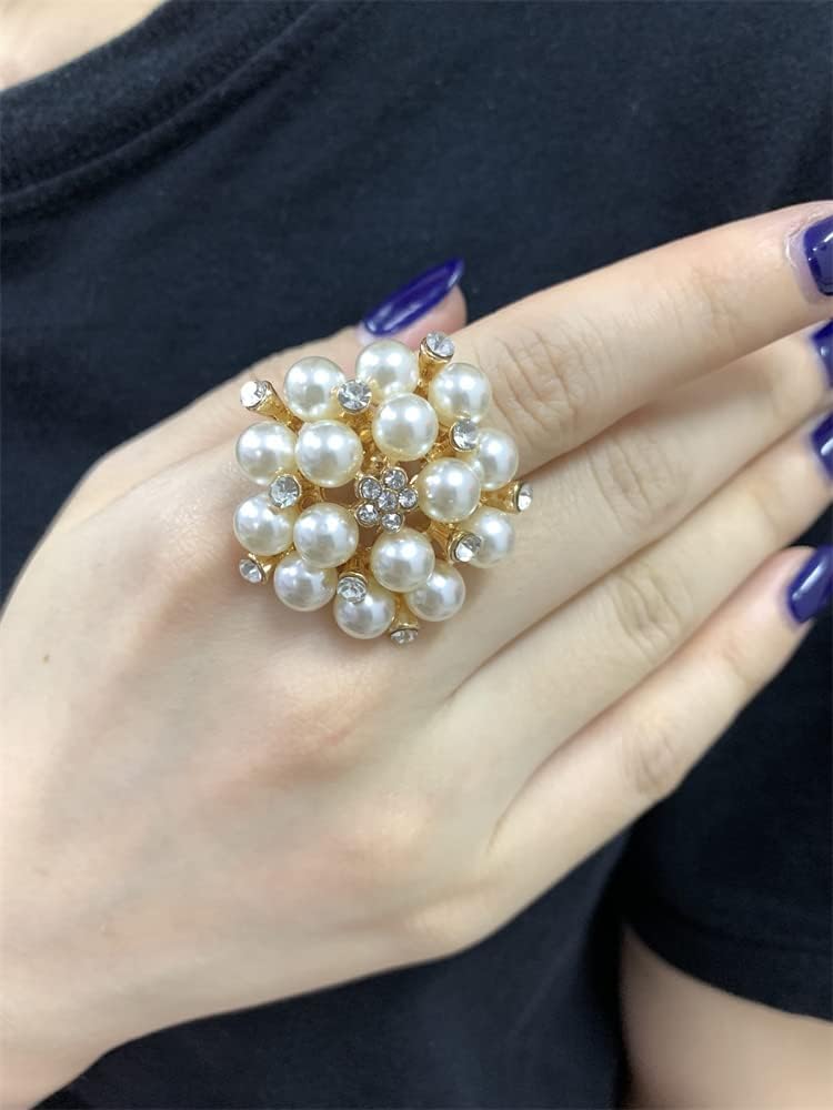 Big CZ Pearl Statement Wedding Ring for Women Girls Vintage Rhinestone Crystal Faux Pearls Ball Flower Adjustable Open Band Wrap Birthday Christmas Cocktail Party Ring Comfort Fit Exaggerated Jewelry Gift (Gold-Toned) - Image 2
