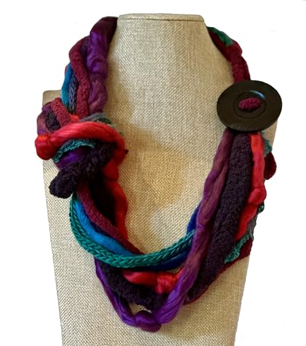 Handmade Infinity Yarn Multi Strand Cowl Rope Scarf with Button accent,Brightly Colored -LRW DESIGNS