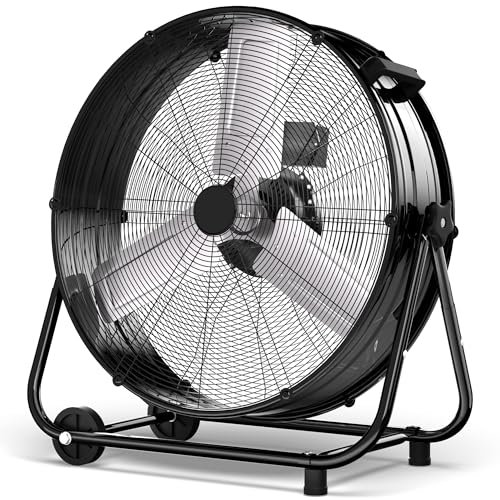 Uthfy 24 Inch Heavy Duty Industrial Drum Fan, 320W High Velocity Floor Fan with 3 Speeds, 360° Tilt Metal Garage Fan for Warehouse, Commercial, Workshop, Factory and Basement, Black