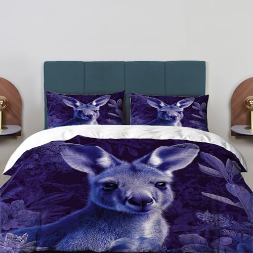 BaoNews Niedliches Känguru-Bettwäsche-Set, King-Size-Größe, 3-teilig, Känguru in lila Pflanzen, 100 % Baumwolle, Hotel-Bettwäsche-Set mit 2 Kissenbezügen (ohne Füllung)