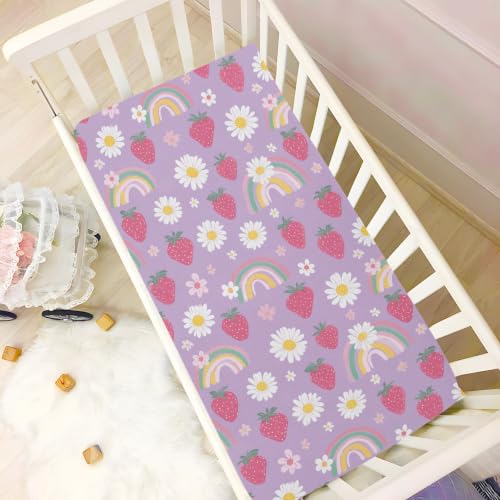 Image of Crib Sheet Breathable Soft Crib Mattress Sheet for Baby Toddler Boys Girls Fitted Crib Sheet Fit Standard Crib Mattress 39 x 27 Inch Purple Rainbow Daisy Strawberry