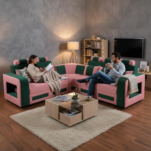 Image of APRODZ Wooden Sofa Set 6 Seater for Living Room, Solid Wood L Shape Sectional Sofa with Velvet Fabric Upholstery, Cushioned Seating for Home, Office & Lounge, Green & Pink