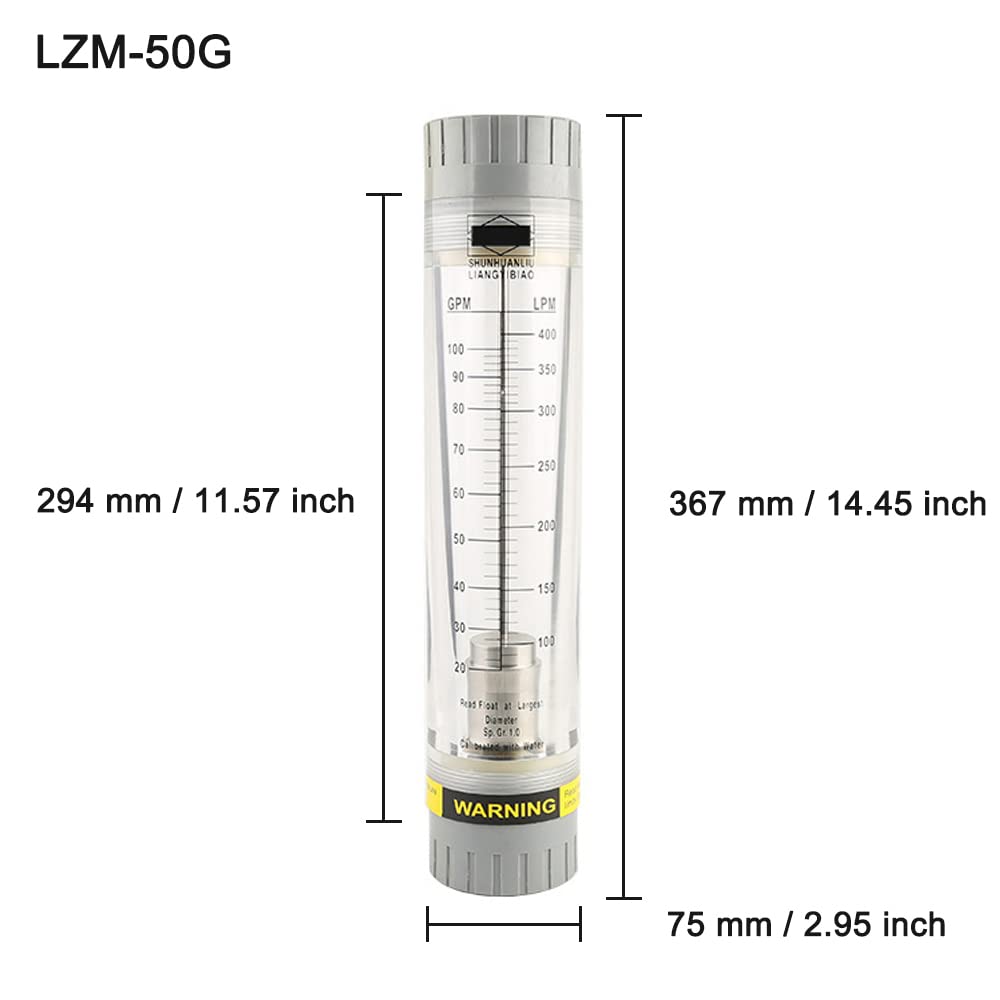 Caudalímetro líquido, LZM-50G Rotámetro tipo tubo acrílico para medir el caudal de agua, 20-100 GPM y 80-360 LPM (rosca interna de 2 pulgadas)