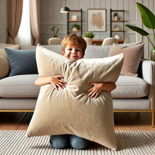MARAGARBE Big Size 32x32 Inches Throw Pillow Cases Cozy Soft Velvet Square Decorative Pillow Covers for Farmhouse Home Décor(Beige)