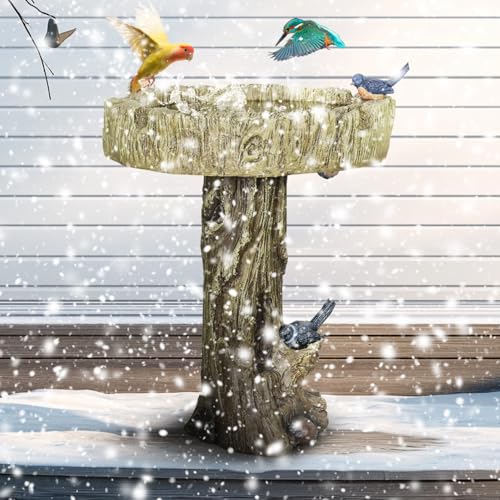 Image of SunJet 24.4 Inch Heigh Wood-Look Concrete Bird Bath with Decorative Faux Bird - birdbath Rustic & Long-Lasting Design, Enhances Garden, Patio, Yard, Lawn Decor