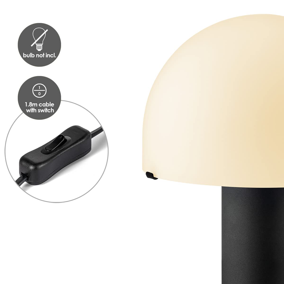home sweet home collection Moderner Tischlampe Mushroom | 23/23/28cm | Schwarz | Nachttischlampe | Glas und Metall | für E27 LED-Lichtquelle | mit Kabelschalter | geeignet für Wohnzimmer und