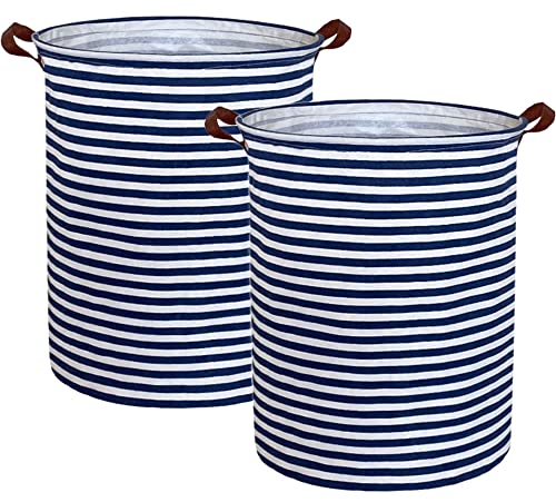 Image of ESSME 2pack Kids Laundry Hamper,Boys laundry basket,Collapsible Bule storage basket with Waterproof PE Coating,Canvas Fabric Nursery Hamper for Kids Room Decor,Toy storage,Gift,Baby Clothing.(2pack Navy Blue stripes)