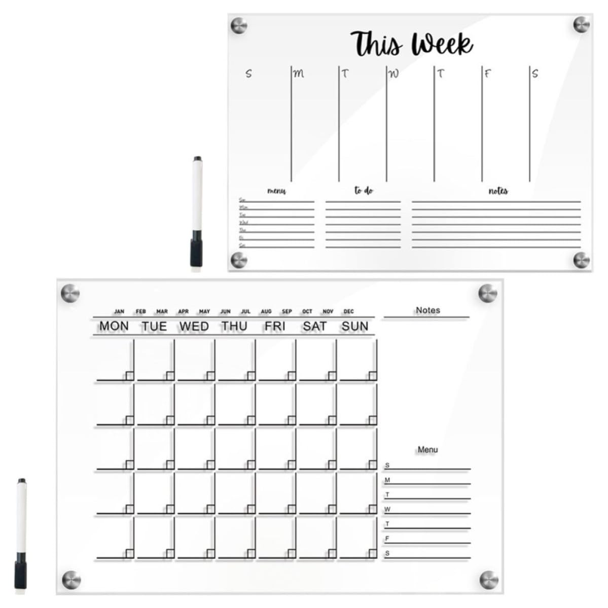 Set da 2 Lavagne Memo in Acrilico Trasparente Cancellabili per Parete, Design Semplice Moderno, per Ufficio e Cucina, Funzione Scrittura e Disegno