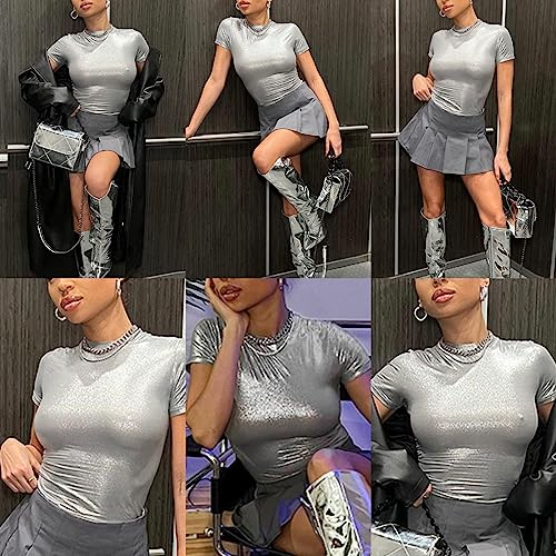 ANKOMINA Women Metallic Silver Crop Tops Short Sleeve Round Neck T Shirt Tee Blouse Y2k Clothes for Streetwear Night Club 5