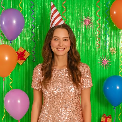 Image of Voircoloria 2 Pack Pastel Green Foil Fringe Backdrop Curtains, Tinsel Streamers Party Decorations, Fringe Backdrop for Baby Shower, Birthday Party