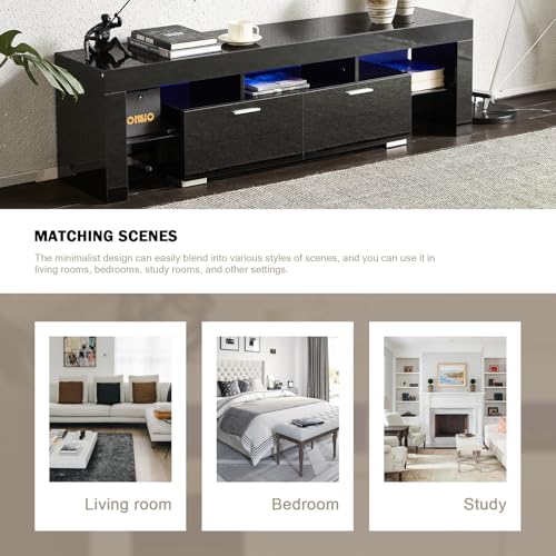 Nrizc LED TV Stand 60-75 inch, Modern Entertainment Center for Living Room, Black TV Console with 2 Drawers, Wooden TV Cabinet with Stroage - Image 6