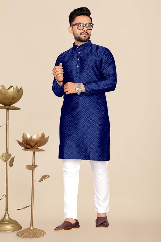 Image of Men's Self Design Cotton Silk Kurta