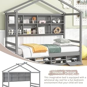 Twinbedframesforkidswoodhousebedwithstorageshelvesmontessoriplayformbedframewithheadboardforboysgirlsgray817lx418wx793h  Urban Country Home Decor Twin bed frames for kids wood house bed with storage shelves montessori playform bed frame with headboard for boys girls gray 817l x 418w x 793h  urban country home decor
