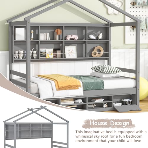 Twinbedframesforkidswoodhousebedwithstorageshelvesmontessoriplayformbedframewithheadboardforboysgirlsgray817lx418wx793h  Urban Country Home Decor Twin bed frames for kids wood house bed with storage shelves montessori playform bed frame with headboard for boys girls gray 817l x 418w x 793h  urban country home decor