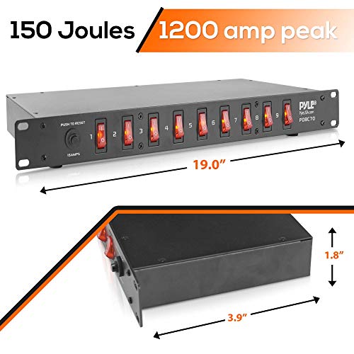 Image of PDU Power Strip Surge Protector - 150 Joule 9 Outlet Strips Surge Protector Heavy Duty Electric Extension Cord Strip - 1U Rack Mount Protection Power Outlet Strip W / 9 Front Switch - PylePro PDBC70 BLACK