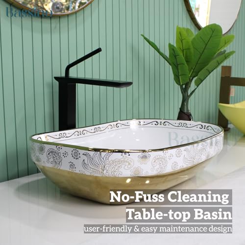 Image of BASSINO 20x14x6 Inches Ceramic Counter Top Wash Basin /White & Rose Gold Basin for Bathroom /Modern Design /Rectangular Shape Tabletop Washbasin for Restaurant /Dining Hall /Living Room /Home(Glossy)