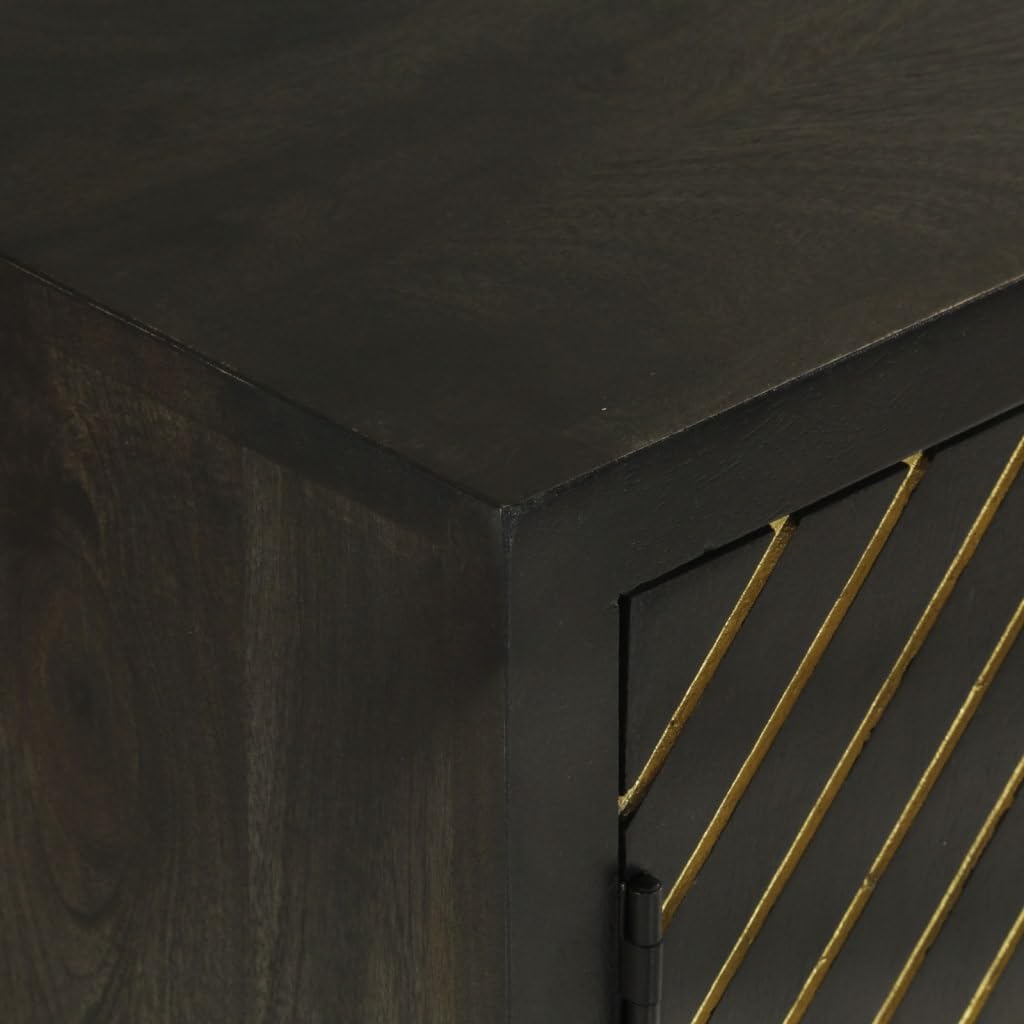 Klasyczny kredens z litego drewna mango z 2 drzwiczkami w kolorze czarno-złotym 55 x 30 x 75 cm – solidne miejsce do przechowywania z 2 półkami i dekoracyjną górną płytą do salonu i jadalni