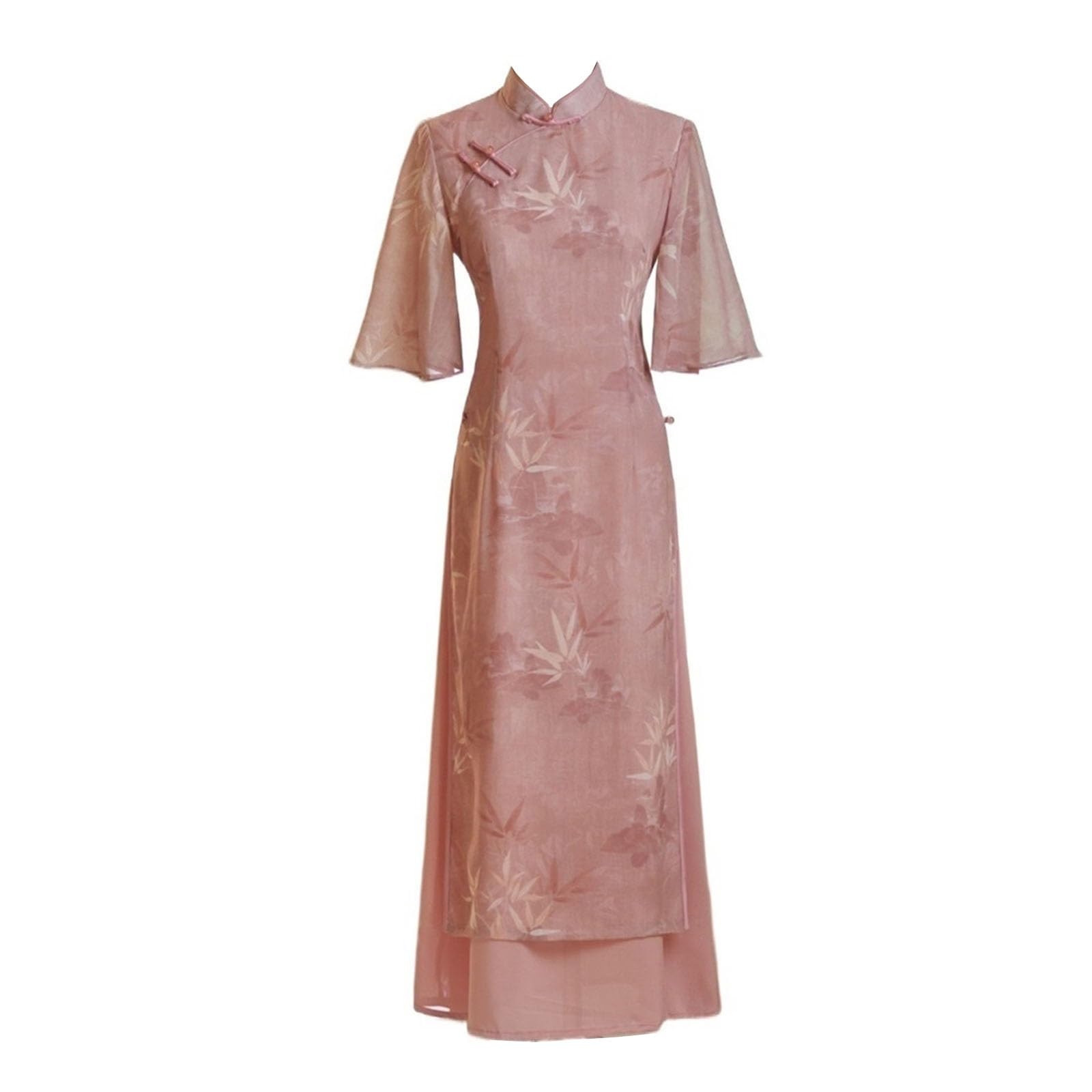 SXTYYH Vietnamese Traditional Ao Dai for Women Pink Summer Chinese Style Slim Qipao Hanfu Dress Fashion Print Cheongsam Dress(XXXL)