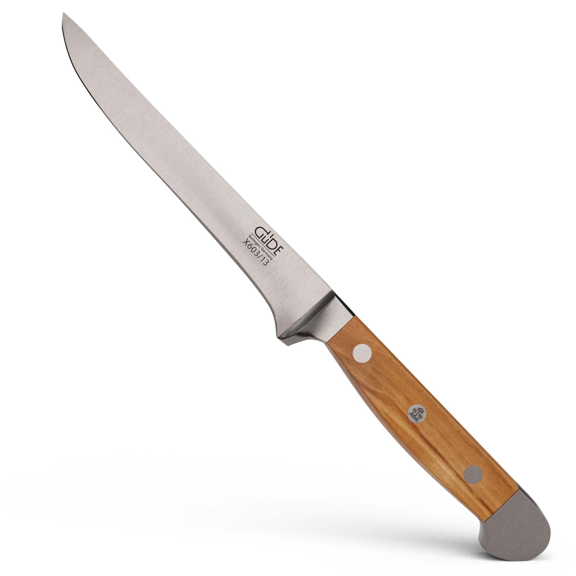 Güde Solingen - Coltello per disossare forgiato, 13 cm, legno d'ulivo, ALPHA-OLIVE - doppio collarino, fatto a mano in Germania
