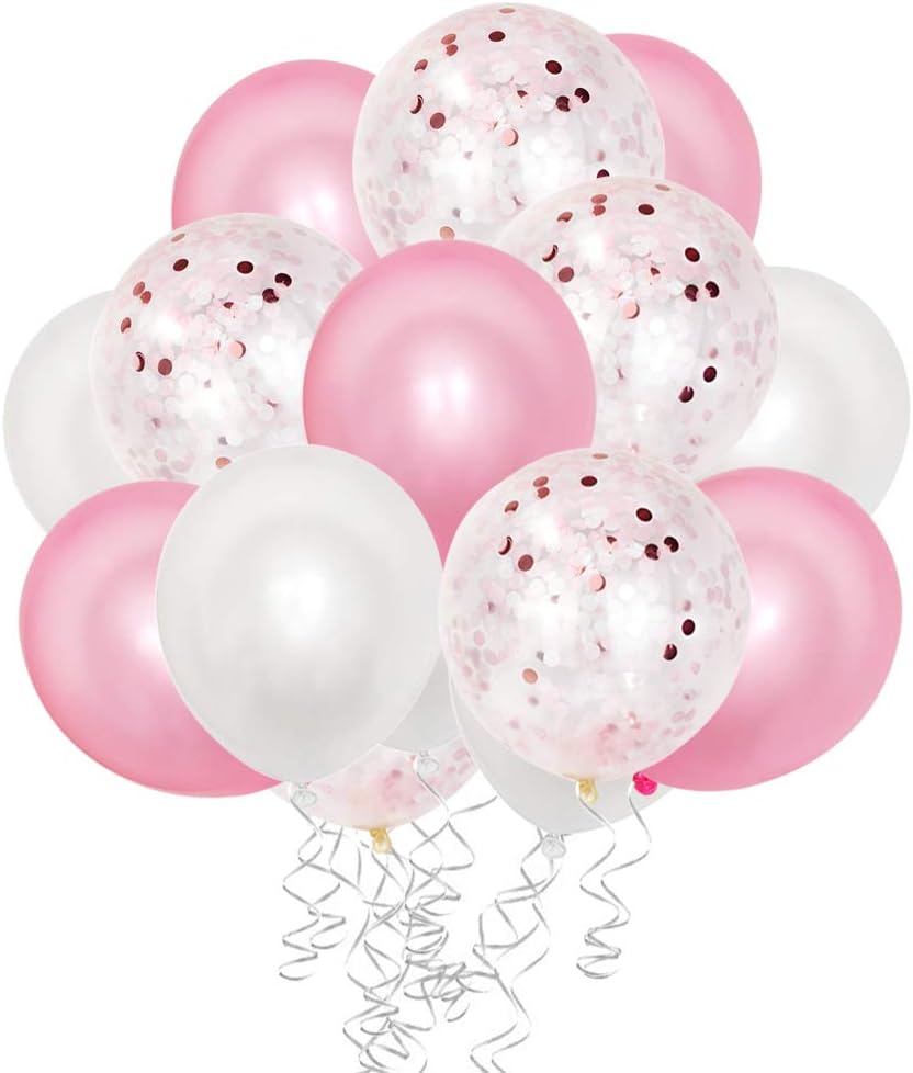 50 Pieces 12 Inches Pink and White Latex Party Balloons Pink Confetti Balloons Helium Balloons with 2 Curling Ribbons for Baby Bridal Shower,Birthday, Wedding, Proposal Party Decorations, colorful