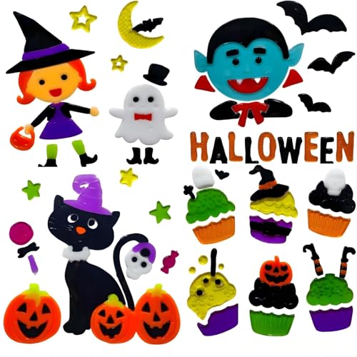 Gift&Fun 4Sheets Halloween Gel Window clings Pumpkins Ghosts Bats and Witches Removable Window Stickers 7.9in7.9in
