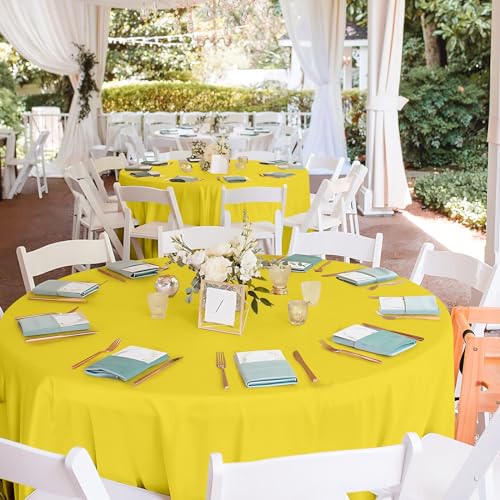 Image of Mulbozy 12 Pack Yellow Round Tablecloth, 84 Inches Plastic Table Cover, Premium Disposable Round Party Tablecloth for Restaurant Dinners, Wedding, Grad Party, Baby Shower, Outdoor Camping