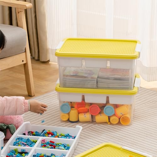 Image of Citylife 17 QT Plastic Storage Box with Building Baseplate Lid and Removable Tray Craft Organizers and Storage Clear Storage Container for Organizing Bead, Tool, Sewing, Yellow-2 Packs