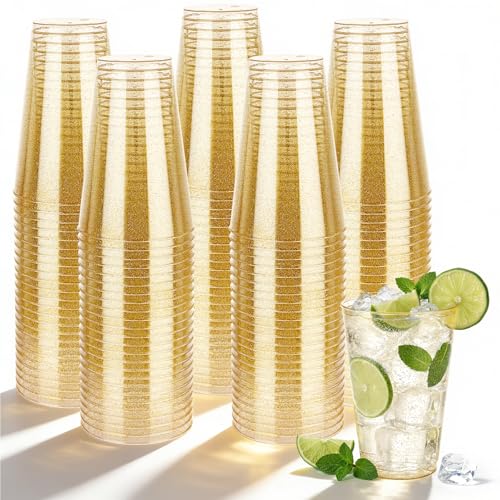 Ciselure 14 oz 100 Pack Gold Glitter Plastic Cups Disposable Glitter Cups Bulk Gold Plastic Party Cups for Wedding Birthday and Holiday