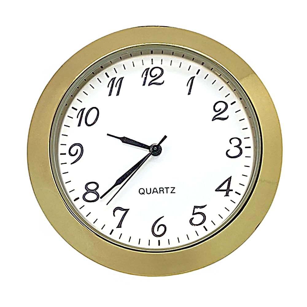 New Round Metal Quartz Bezel Clock Watch Movement Insert Miniature Gold With Black Arabic Numerals White Dial Battery Operated (27mm Insert - 24.25mm Hole)