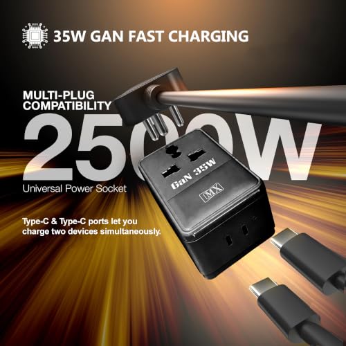 Image of MX 35W Universal Travel Adapter UK Plug, Dual USB-C PD Ports,GaN Fast Charger International Plug Adapter with Universal AC Socket for Laptop, MacBook, iPhone, Samsung Galaxy, iPad, Tablet - Black