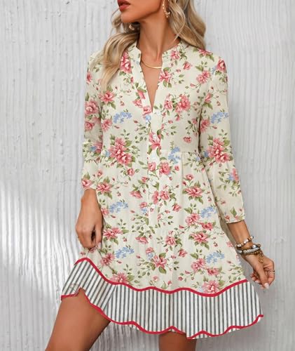 Image of Opemiby Summer Dresses for Women 2026 Flowy Ruffle 3 /4 Sleeve V Neck Tiered Casual Babydoll Boho Beach Mini Dress